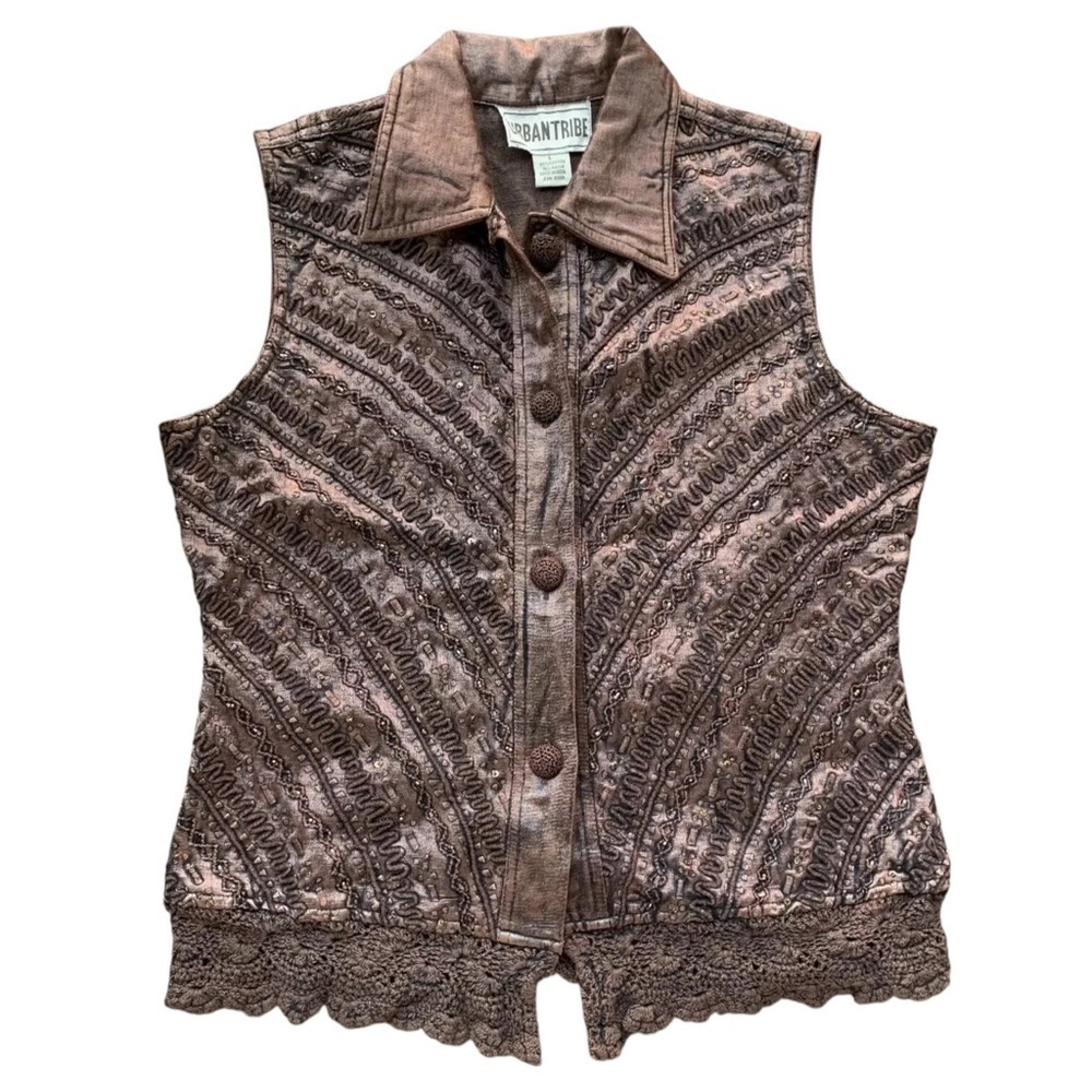Urban Tribe Beaded Embroidered Crochet Buttoned Vest Jacket Boho Brown Size L